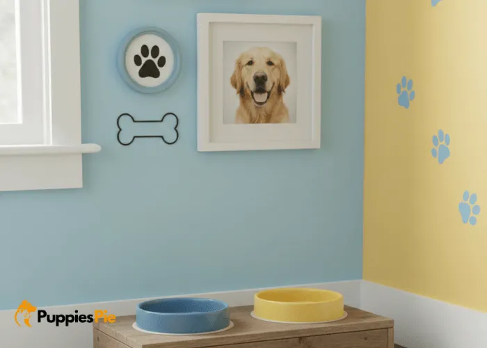 Pet closet with personalized touches like name label, paw-print decals, and colorful accents.