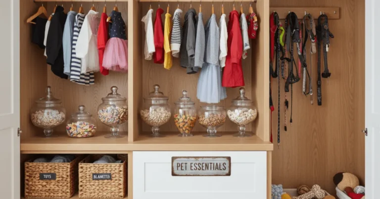 Neatly arranged pet closet organizer holding toys, leashes, treats, and grooming essentials in a tidy, stylish setup.