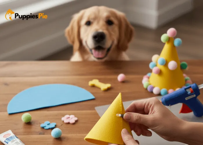 DIY Dog Birthday Party Decor: Ultimate Guide to Pet Celebrations 2 DIY dog birthday party hat made from soft felt rolled into a cone with pom-pom decorations and elastic chin straps.