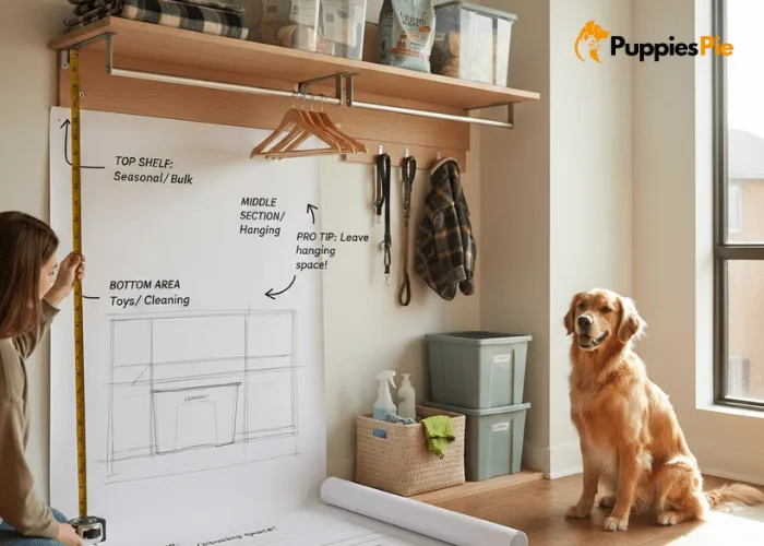 Measured pet closet layout with planned shelves and hanging space for essentials.