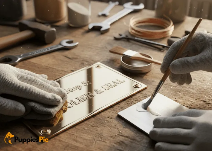 Metal dog tag being polished and optionally sealed to create a clean, shiny, minimalist finish.