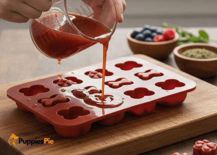 Pouring chicken broth mixture into silicone ice cube molds shaped like paws, bones, or hearts for dog treats.