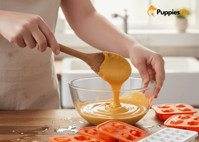 Scooping creamy pumpkin dog treat mixture into silicone molds shaped like bones and paws, with an ice cube tray as an optional alternative.
