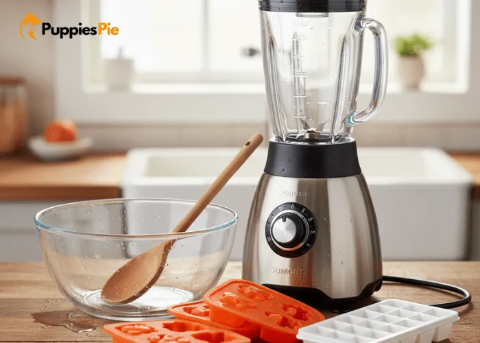 Mixing bowl, spoon, blender, and silicone molds on a clean kitchen counter for making homemade frozen pumpkin dog treats.