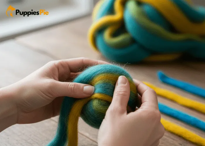 Rolling strips of wool roving into a loose ball to prepare materials for a DIY felt dog toy.