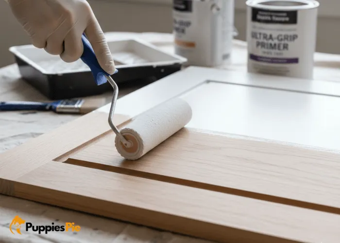 Applying a thin coat of primer to a wooden treat box to create a smooth, paint-ready surface.