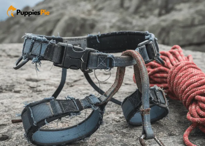 Signs a DIY dog harness needs replacing, such as frayed webbing, damaged buckles, or loose stitching.