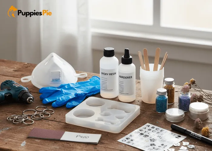 DIY Name Tag for Dogs (Resin or Wood) – Creative, Durable, and Personal 2 Crafting materials for a DIY resin dog name tag including epoxy resin, silicone mold, mixing tools, protective gear, sandpaper, decorations, and a key ring for attaching to a dog collar.