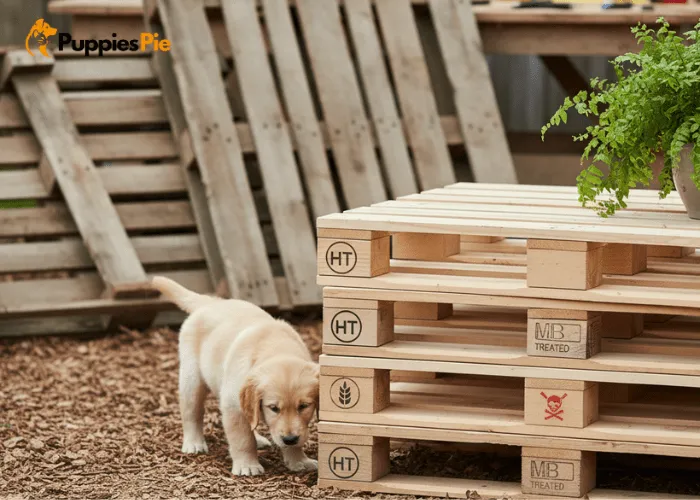 Build a Dog Fence Gate from Pallets: A Simple DIY Guide 1 Checking pallet boards for the HT heat-treated stamp to ensure safe wood for building a dog fence gate.