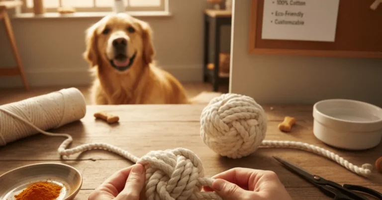 Homemade rope ball dog toy made from safe, durable rope tied tightly into a knot for a fun DIY dog craft.