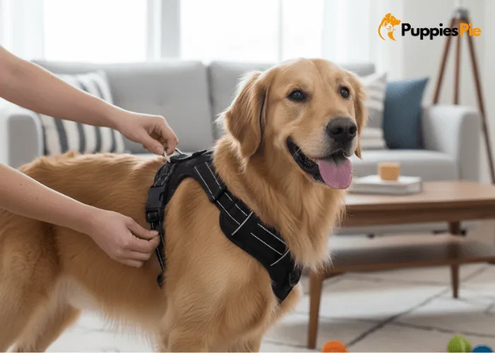 Dog harness being tested indoors for fit and safety, checking strap tension, comfort, and D-ring security