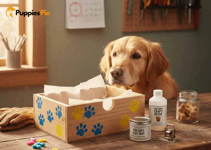 Safety tips for making a dog treat box, including using non-toxic paints, food-safe liners, fully cured surfaces, and secure closures.