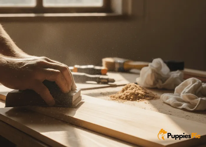 Wooden treat box being sanded smooth with medium and fine grit paper before painting