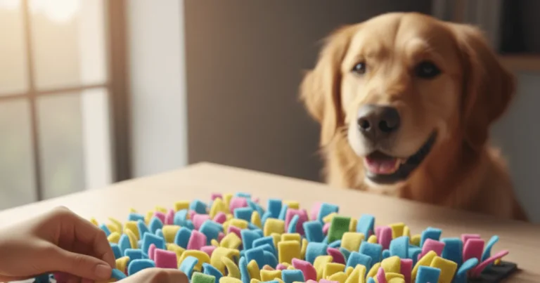 DIY scented snuffle mat made from colorful fleece strips used as an enrichment toy for dogs.