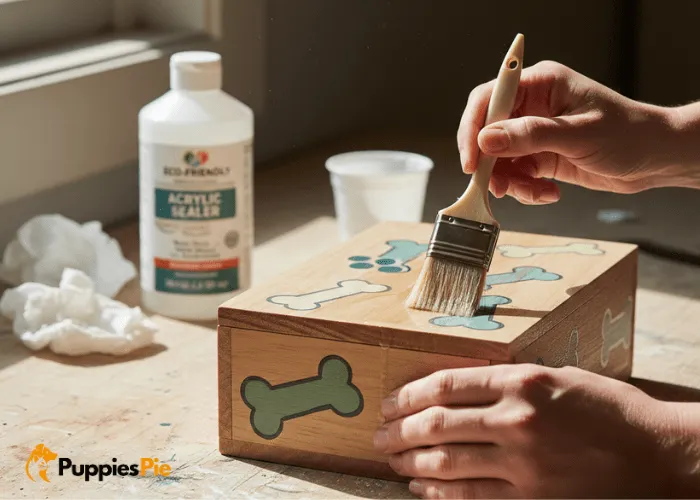 Custom painted dog treat box being sealed with non-toxic acrylic for protection and durability.