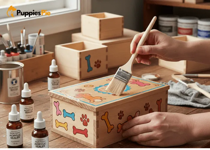 Acrylic sealer applied to painted treat box to protect the design from wear and moisture.