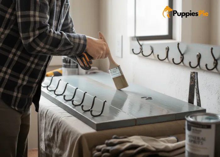 How to Make a Dog-Themed Key Holder at Home (Fun & Easy) 5 Applying a clear protective sealant over a painted dog-themed wooden key holder to prevent damage and enhance durability.