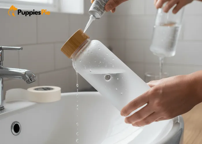 Make a Portable Water Bottle Dispenser for Your Dog: Stay Hydrated Anywhere 5 Leak testing a portable dog water bottle checking cap and hole seals to ensure smooth water flow during outdoor use.