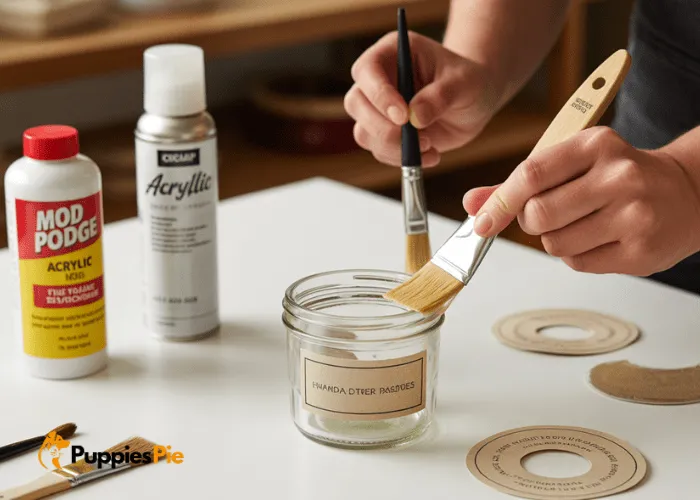 Sealing a dog treat jar label with a protective clear coating to prevent smudging and make it water resistant.