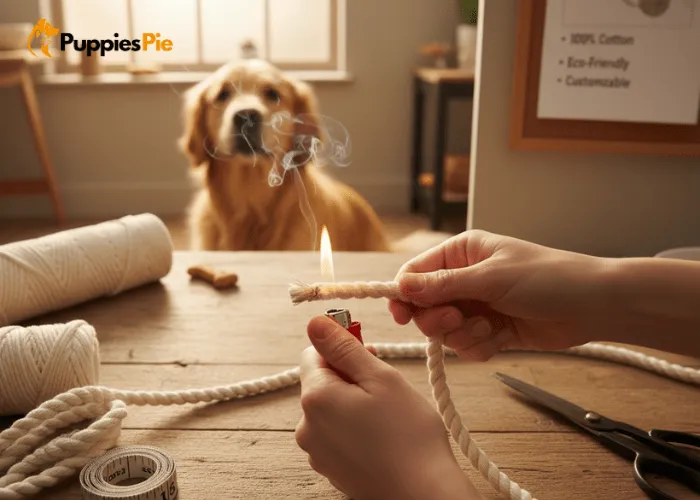 Preventing fraying by melting or taping the ends of a rope ball dog toy.