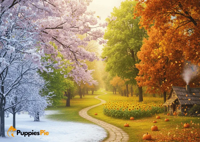 Dog calendar photo idea showing a classic seasonal theme, such as snow in January, blossoms in spring, and summer heat