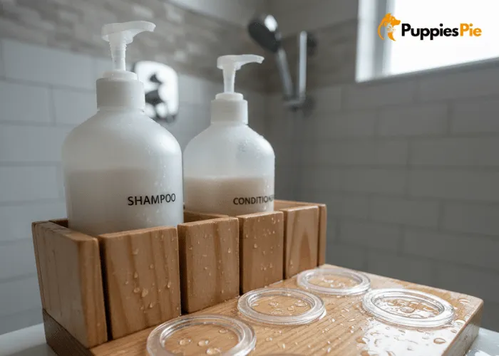 DIY dog bath caddy with added dividers to keep shampoo and conditioner bottles upright and organized.