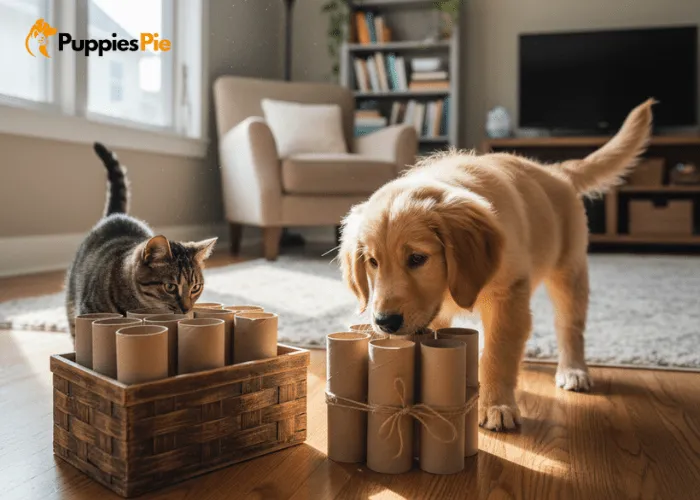 DIY Interactive Treat Puzzle with Toilet Rolls for Smart Playtime 4 Securing toilet paper rolls tightly in a box or bundle for a DIY dog treat puzzle and placing it on the floor for a pet to explore safely.