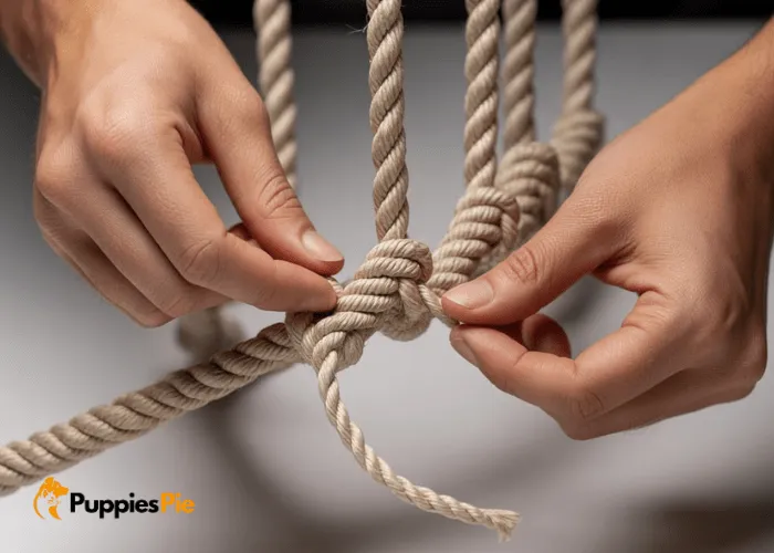 Securing loose rope ends on a homemade rope ball dog toy.