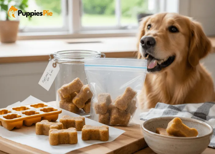 Serving frozen chicken broth cubes to dogs and storing extras in an airtight container in the freezer for up to 2 months.