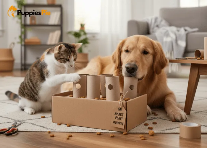 DIY Interactive Treat Puzzle with Toilet Rolls for Smart Playtime 2 Setting up a DIY dog treat puzzle with toilet paper rolls by arranging them in a box or closing the ends or cutting holes for different difficulty levels to challenge your pet’s problem solving skills.