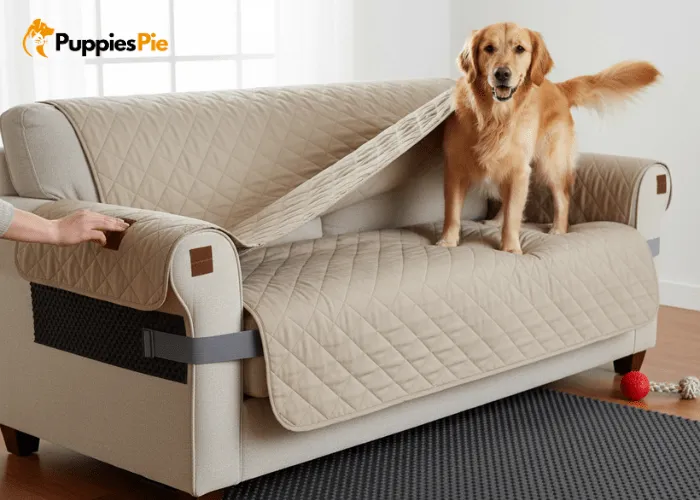 Dog Couch Cover DIY: Protect Your Furniture the Smart Way 5 Attaching non slip backing and Velcro to a DIY dog couch cover to keep it securely in place.