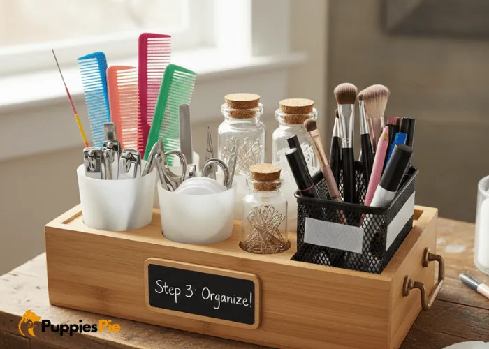 Dog bath caddy with attached small organizers holding grooming tools like combs and cotton pads for tidy bath time storage.