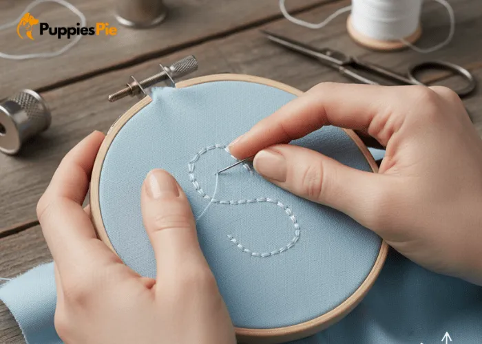 Dog Collar Embroidery: Personalize Your Pup’s Style the Easy Way 4 Stitching a dog collar using a backstitch, inserting the needle from underneath to keep knots hidden for clean, durable embroidery.