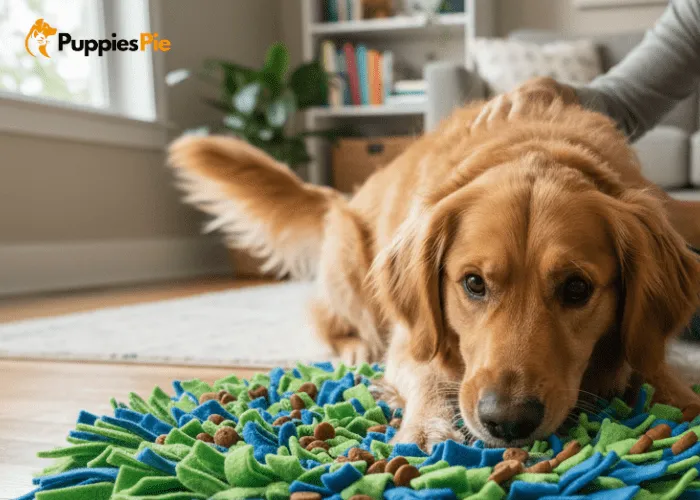 DIY Scented Snuffle Mat from Fleece: The Ultimate Enrichment Toy 5 Dog searching for visible treats scattered on top of a fleece snuffle mat during the first training session.
