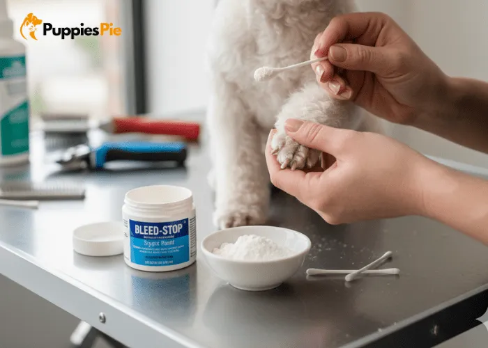 Dog Nail Care Kit DIY: Trim and Maintain Your Dog’s Nails at Home 3 Pet parent applying styptic powder with a cotton swab to a dog’s nail to safely stop minor bleeding during grooming.