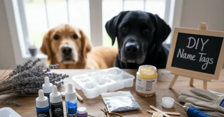 A personalized DIY dog name tag made from resin or wood, featuring a dog’s name and a metal ring for attaching securely to a collar.