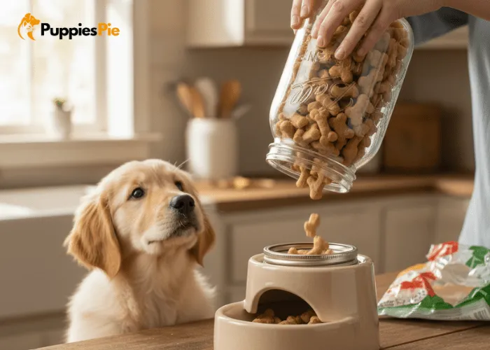 Filling a DIY mason jar dog treat dispenser with treats and testing the opening size to ensure treats come out smoothly without jamming.