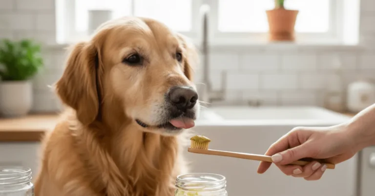 DIY natural dog toothpaste with toothbrush for easy at-home dental care.