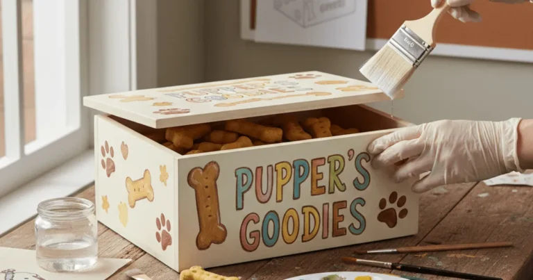 Custom painted dog treat box decorated with simple DIY designs for a personalized touch.