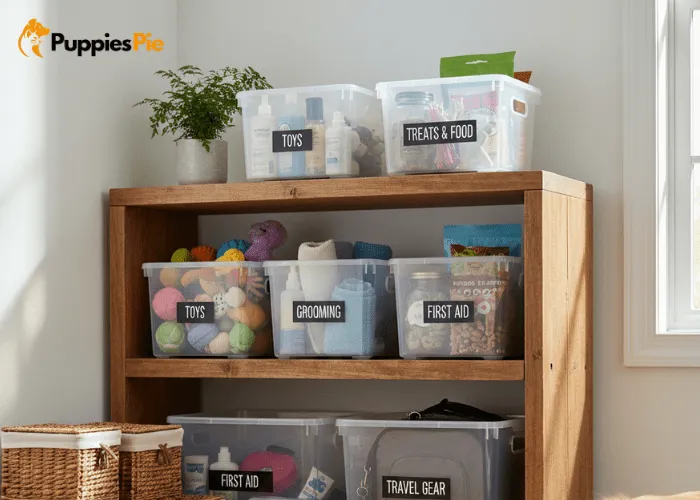 Labeled bins in pet closet for toys, treats, and essentials, keeping items organized and visible.