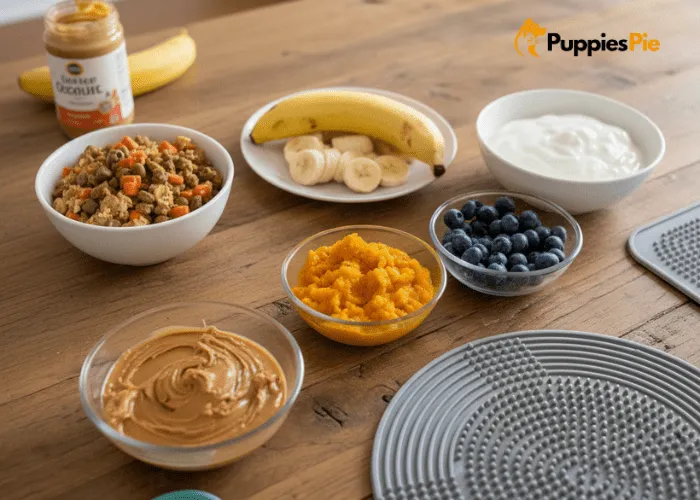 How to Make a Lick Mat at Home (Easy DIY Guide) 4 Dog-safe soft foods including xylitol-free peanut butter, Greek yogurt, pumpkin puree, mashed banana, and wet dog food for DIY lick mat enrichment.