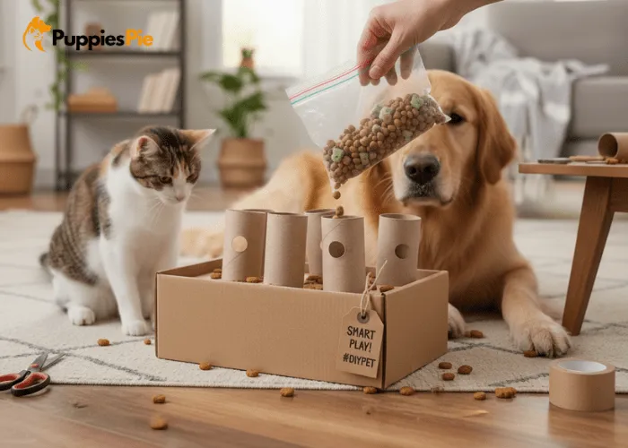DIY Interactive Treat Puzzle with Toilet Rolls for Smart Playtime 3 Filling toilet paper rolls with small dry dog treats or kibble to create a fun and mess free DIY treat puzzle.