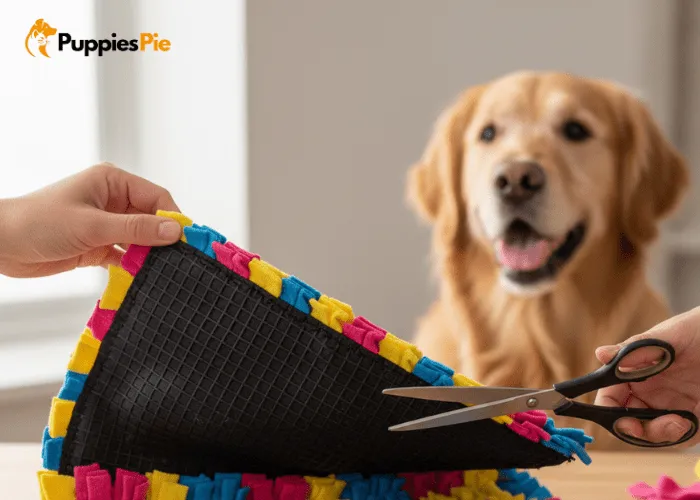 DIY Scented Snuffle Mat from Fleece: The Ultimate Enrichment Toy 4 Finished DIY fleece snuffle mat flipped over to check that all knots are tight and cover the rubber mat base.