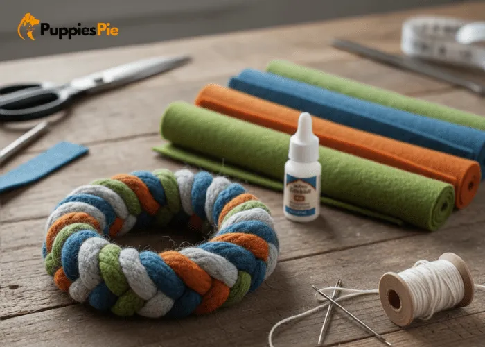 DIY felt tug ring dog toy made from rolled wool felt strips, stitched or glued for durability.