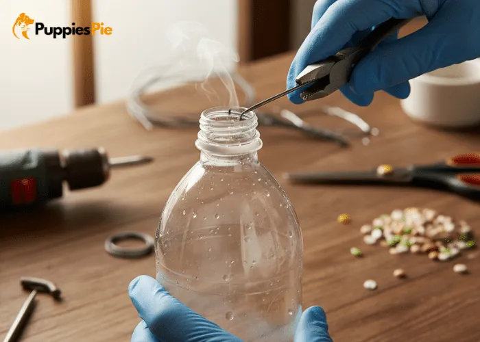 Make a Portable Water Bottle Dispenser for Your Dog: Stay Hydrated Anywhere 2 Creating an air hole near the top of a dog water dispenser bottle with a heated needle for controlled water flow during travel.