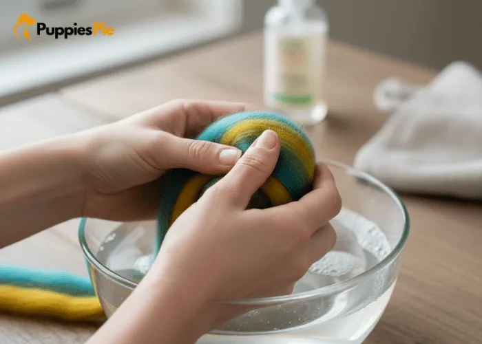 Wet felting a wool ball by dipping it in warm soapy water and rolling it gently to form a DIY dog toy.