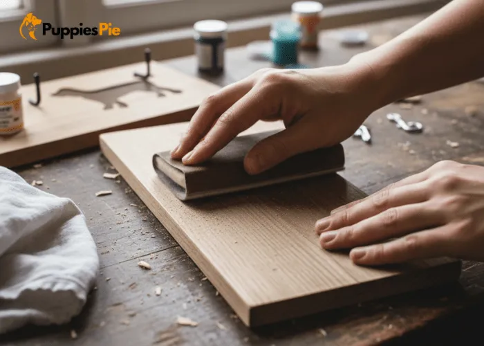 How to Make a Dog-Themed Key Holder at Home (Fun & Easy) 1 Sanding a wooden board to create a smooth base for a homemade dog themed key holder.