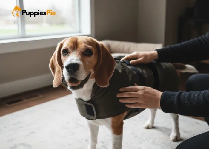 Upcycled Sweater into Dog Jacket – A Cozy DIY for Your Pup 7 Dog trying on a newly made sweater jacket to check comfort and movement during a DIY fitting.