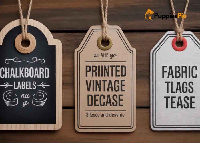 Various dog treat jar label styles including chalkboard labels, printed vintage labels, clear minimalist decals, and fabric tag labels displayed for creative pet storage.