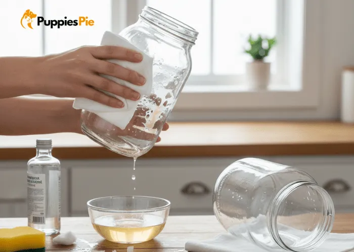 Person cleaning and removing stickers from a dog treat jar before applying a new label